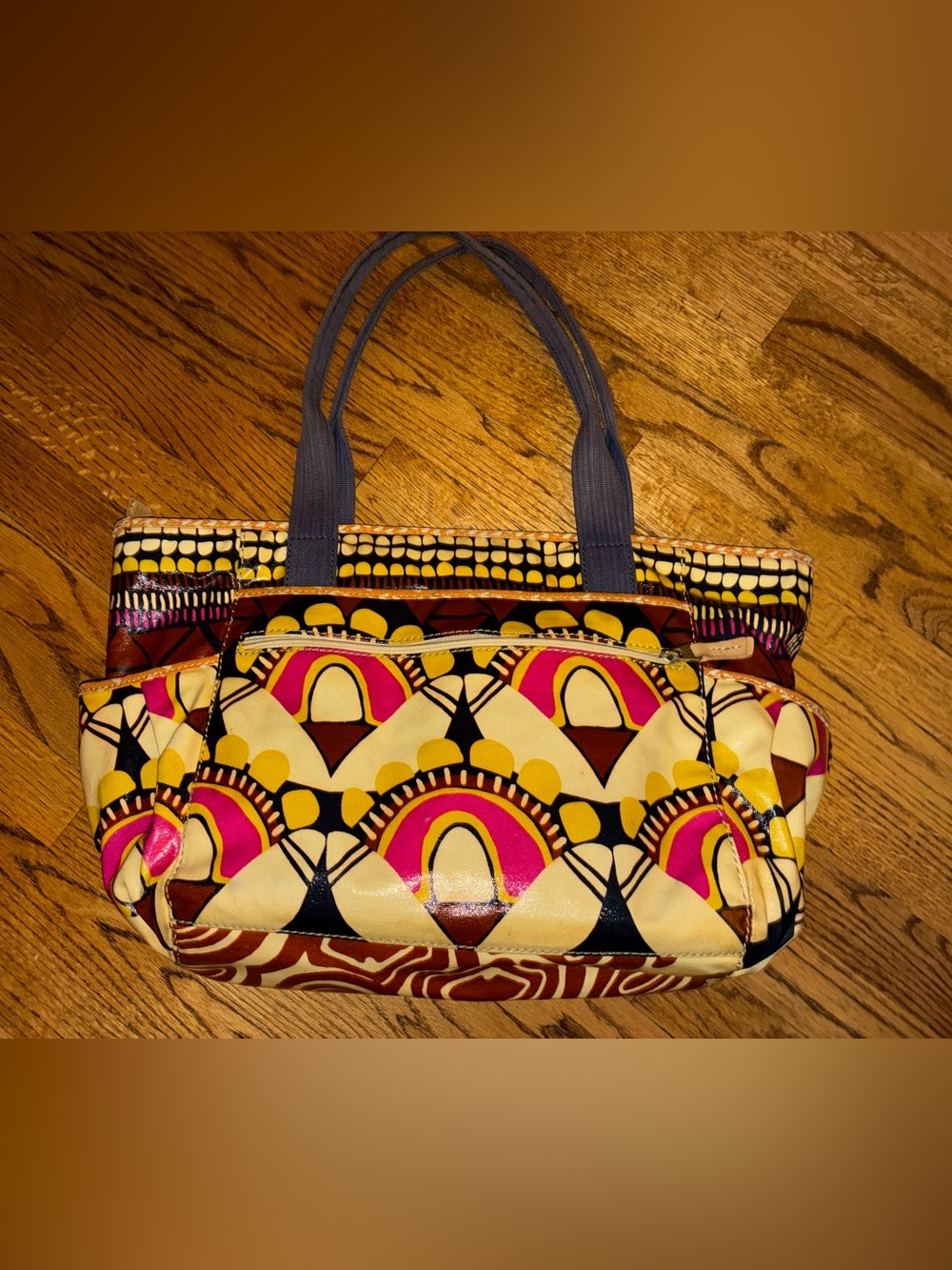 Fossil Multicolor Geometric Print Tote with Navy Handles